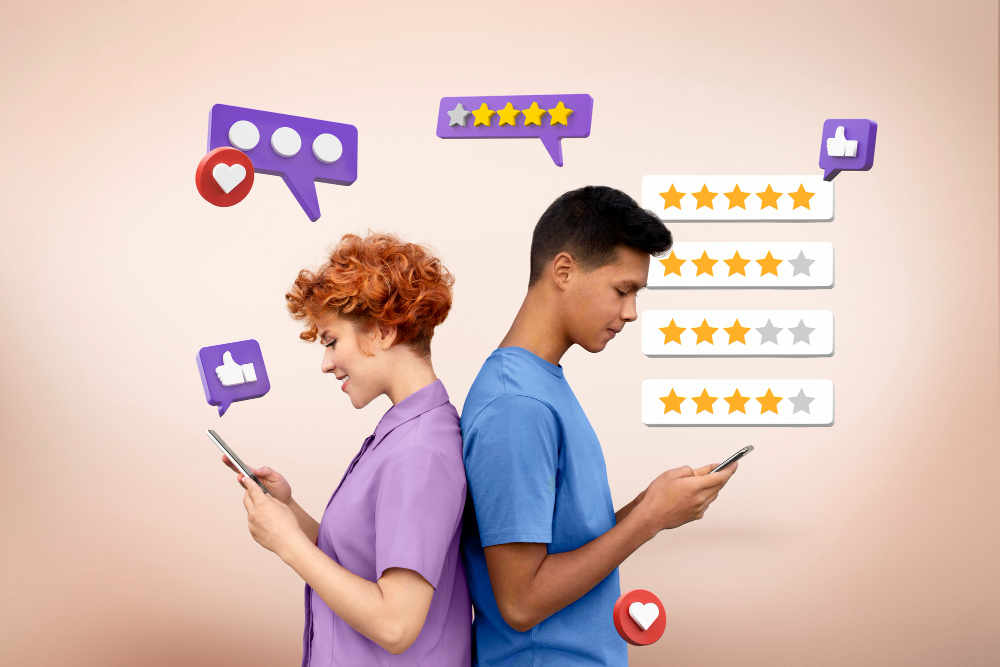 Customer Cheers Stories of Success. A man and woman looking at their phones
